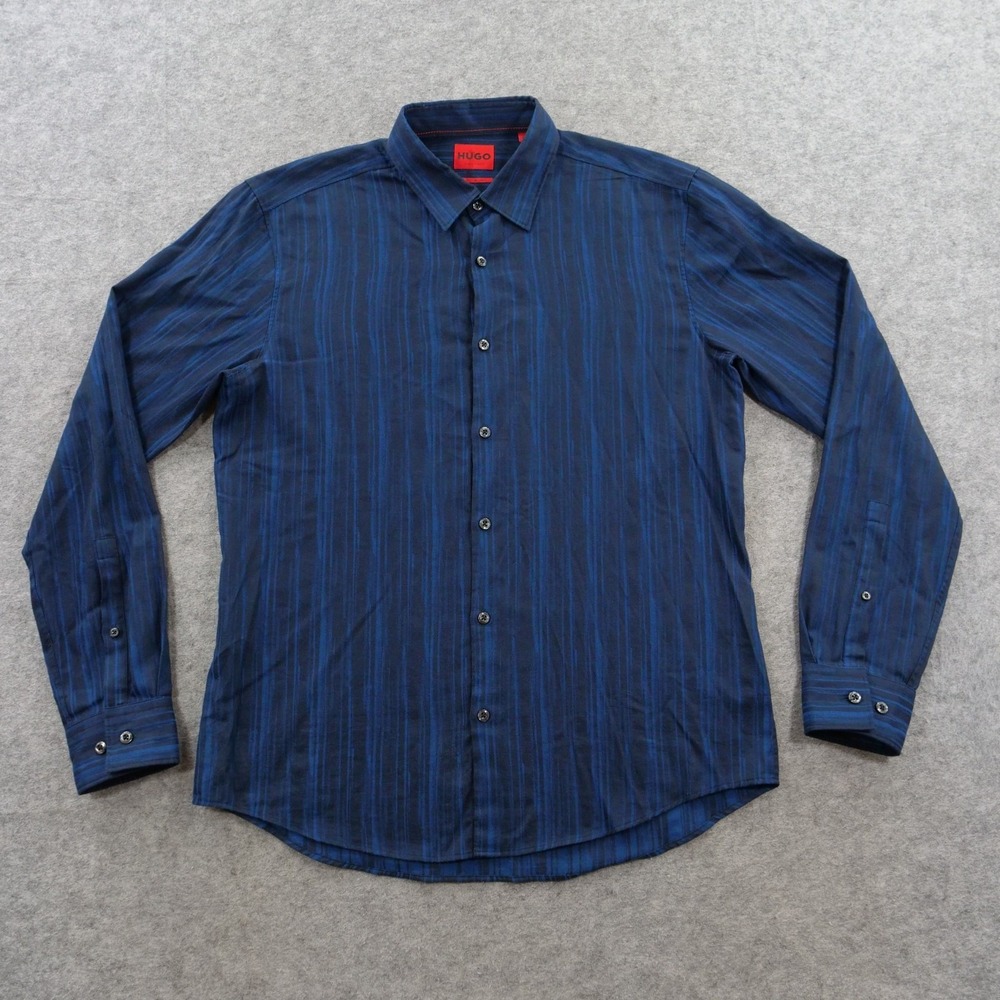 Hugo Boss Shirt Mens Large Blue Striped Long Sleeve Casual Slim Fit Italian